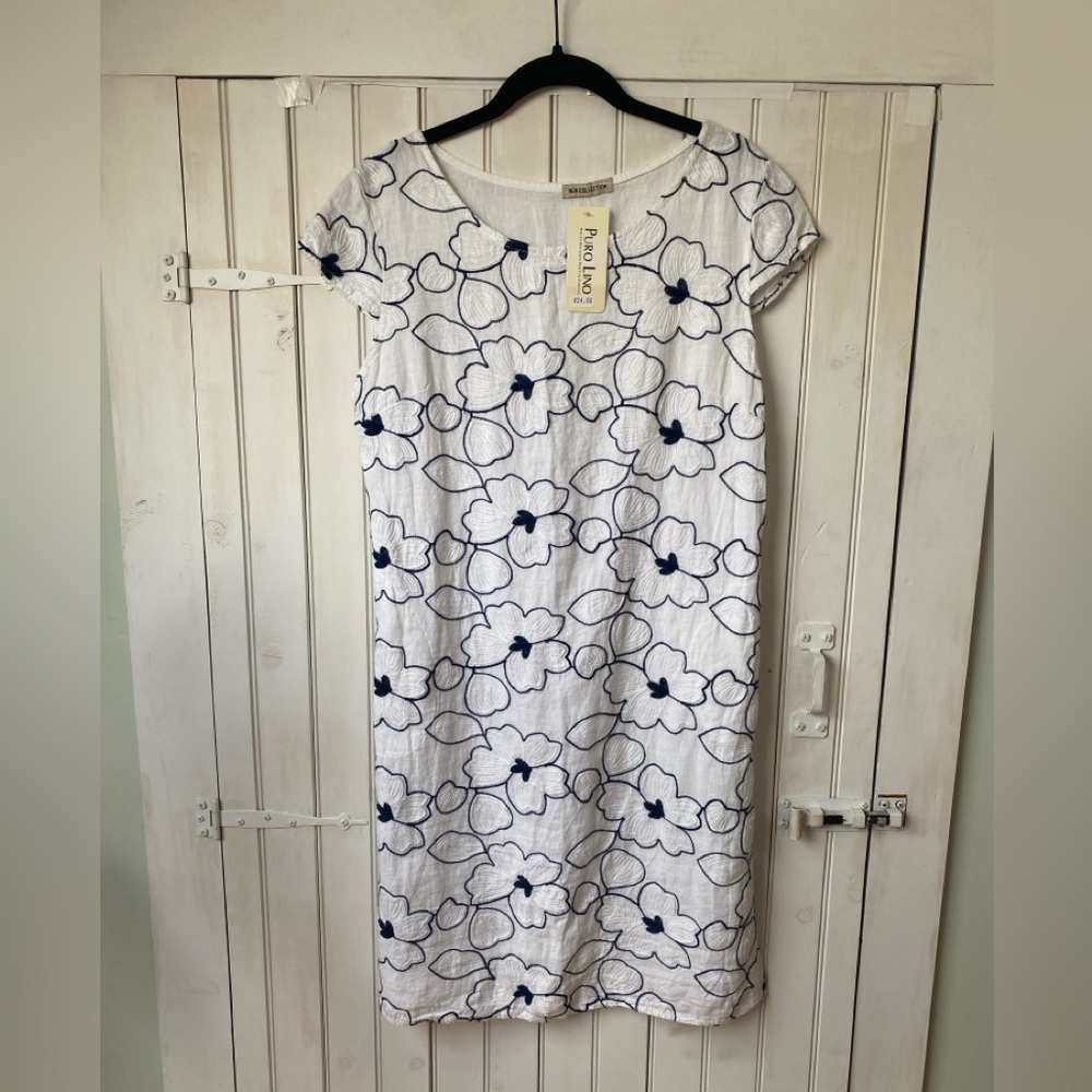 NWT Puro Lino 100% Linen White and Blue Midi Shift Dress Made in Italy Large